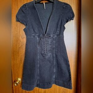 New Free People Blac Sheath Mini Dress with Plunge Neckline and Puff Cap Sleeves